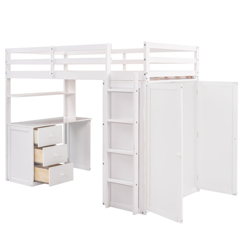 Twin Size Loft Bed With Drawers, Desk, And Wardrobe - White