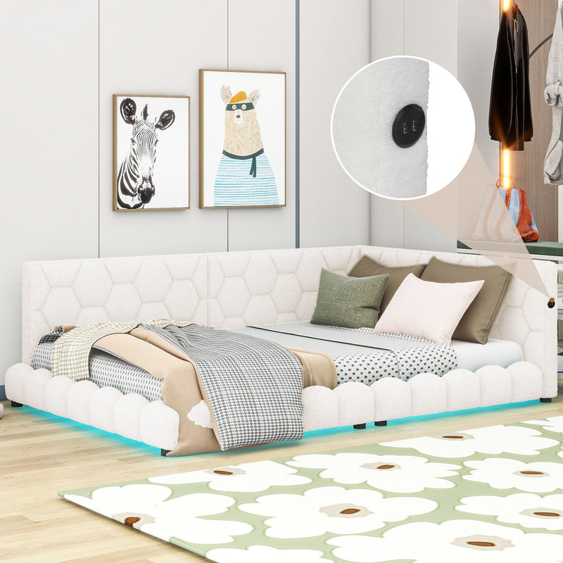 Upholstered Full Size Platform Bed With USB Ports And Led Belt, White