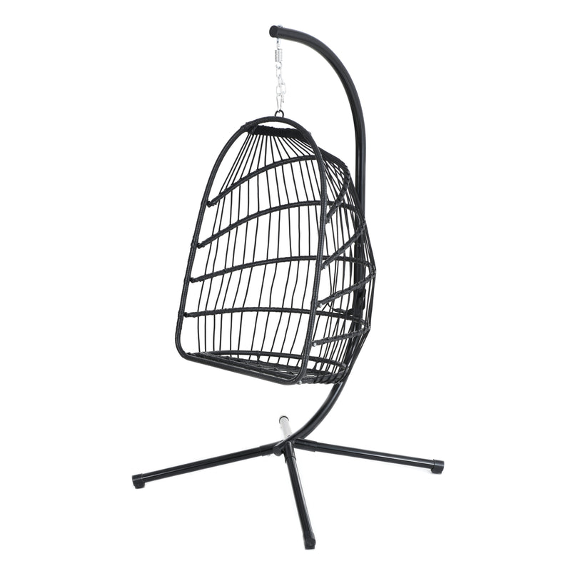 TOPMAX Patio Foldable Swing Chair Porch PE Wicker Egg Hanging Chair Hammock Chair w/Stand and Cushion for Outdoor Balcony Indoor Bedroom, Gray - Atlantic Fine Furniture Inc