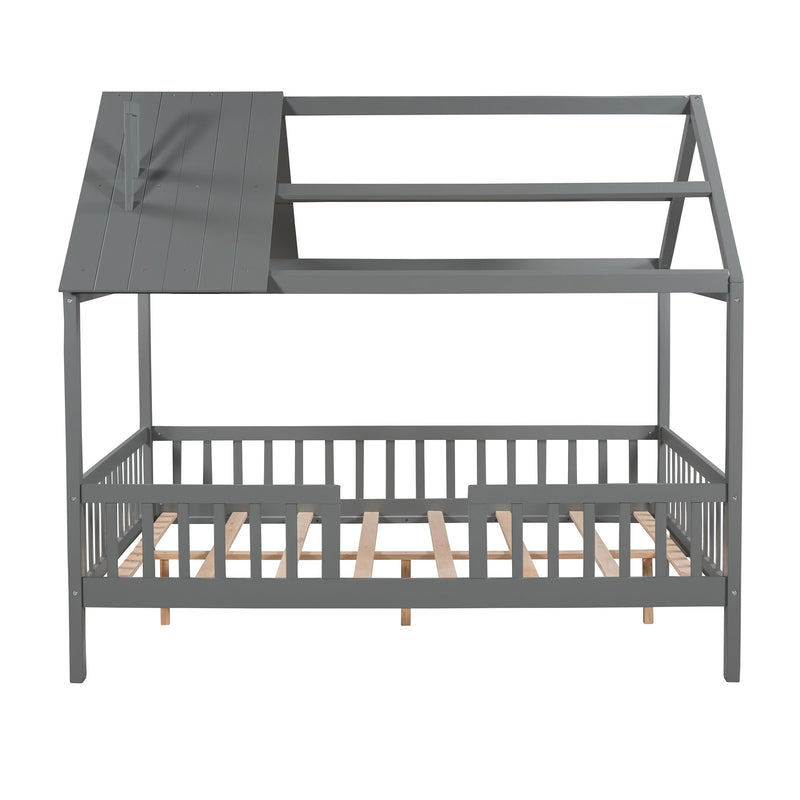 Full Size Wood House Bed With Fence, Gray