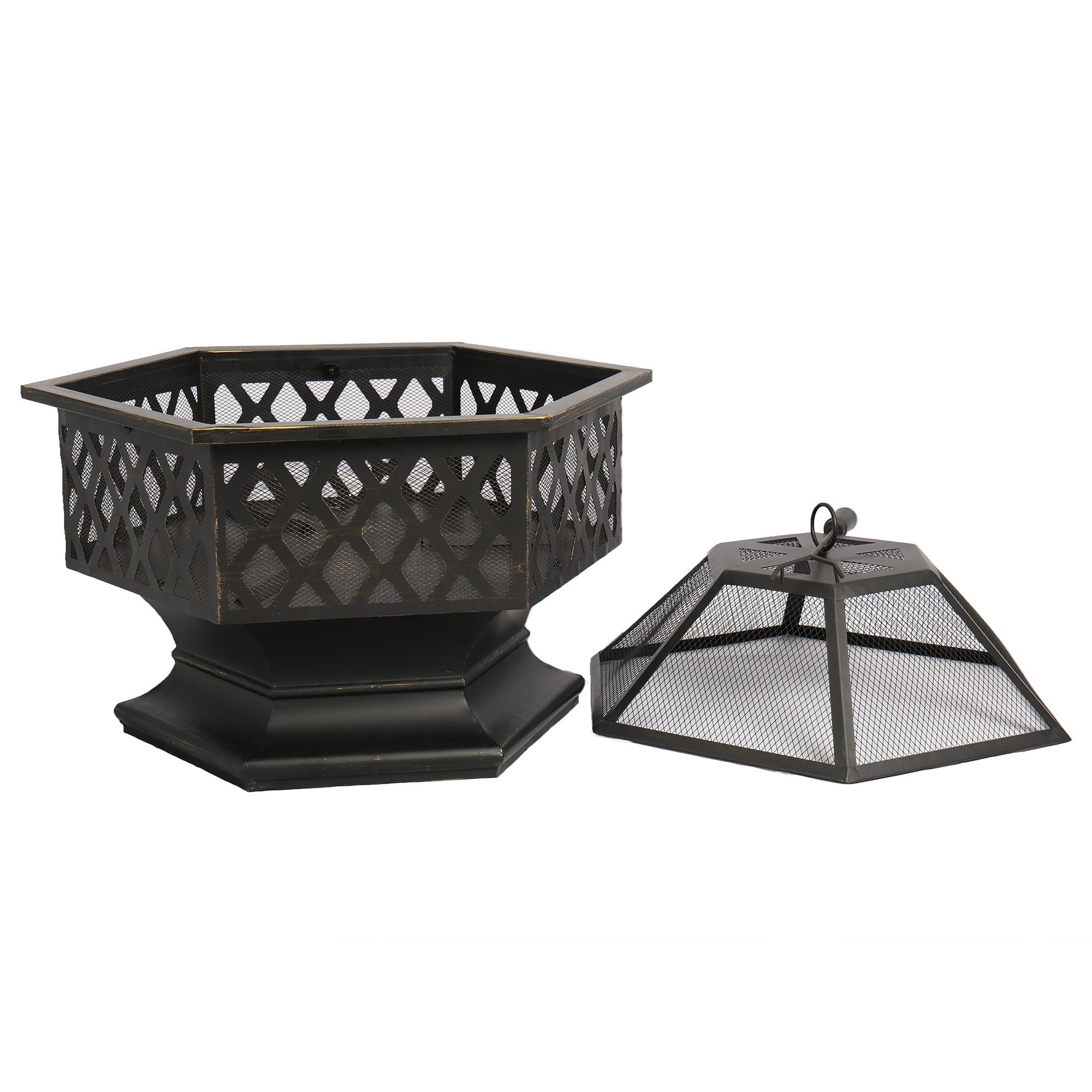 Garden & Outdoor Hex-Shaped wood Fire Pit with Spark Screen Poker and Fireplace Cover - Atlantic Fine Furniture Inc