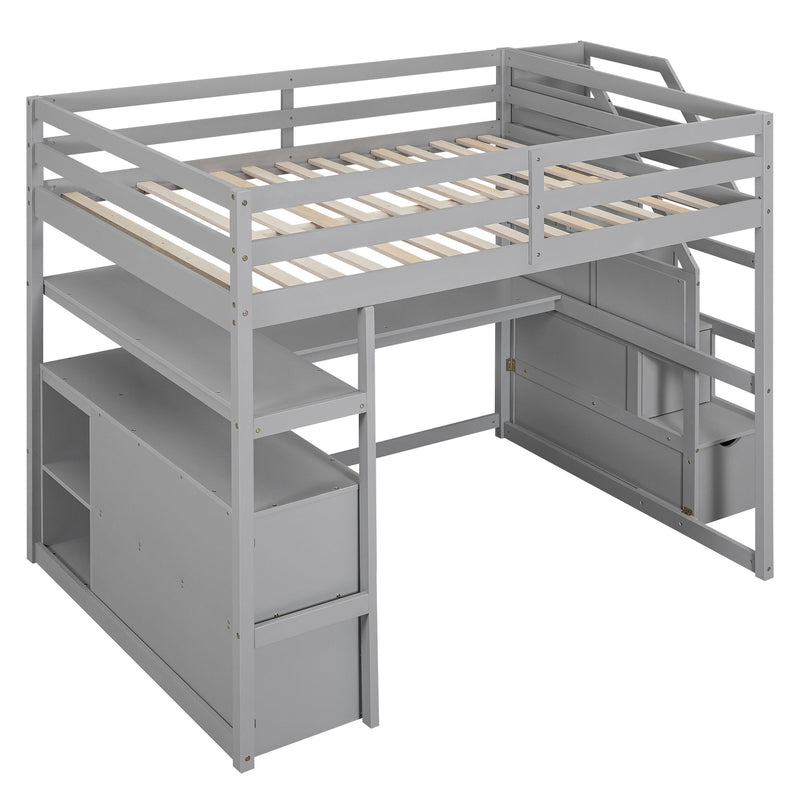 Full Size Loft Bed With Desk And Shelves, Two Built-In Drawers, Storage Staircase, Gray