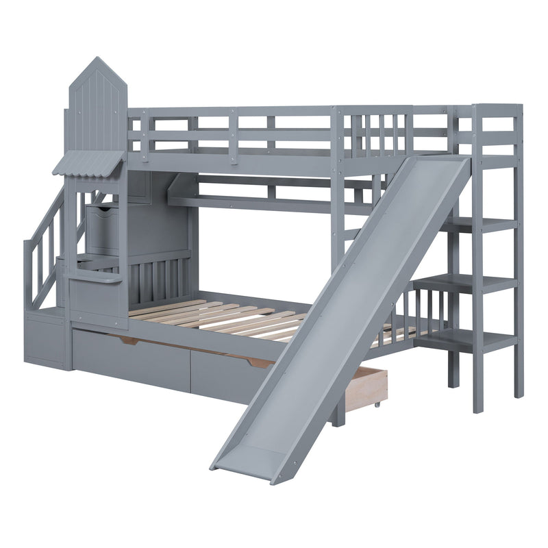 Twin-Over-Twin Castle Style Bunk Bed, With 2 Drawers 3 Shelves And Slide - Gray