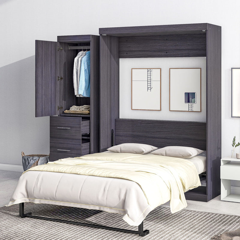Full Size Murphy Bed With Wardrobe And Drawers, Storage Bed, Can Be Folded Into A Cabinet, Gray