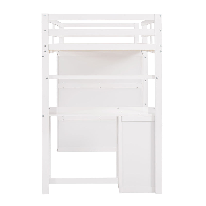 Twin Size Loft Bed With Drawers, Desk, And Wardrobe - White