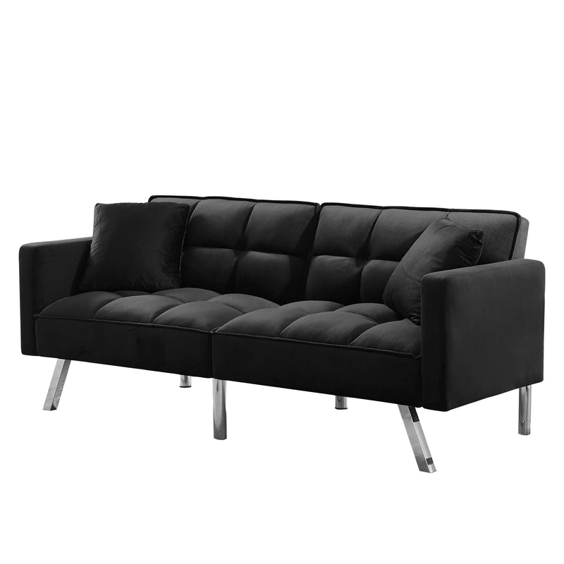 FUTON SOFA SLEEPER BLACK VELVET WITH 2 PILLOWS（same as W223S01117、W223S01463。Size difference, See Details in page.）