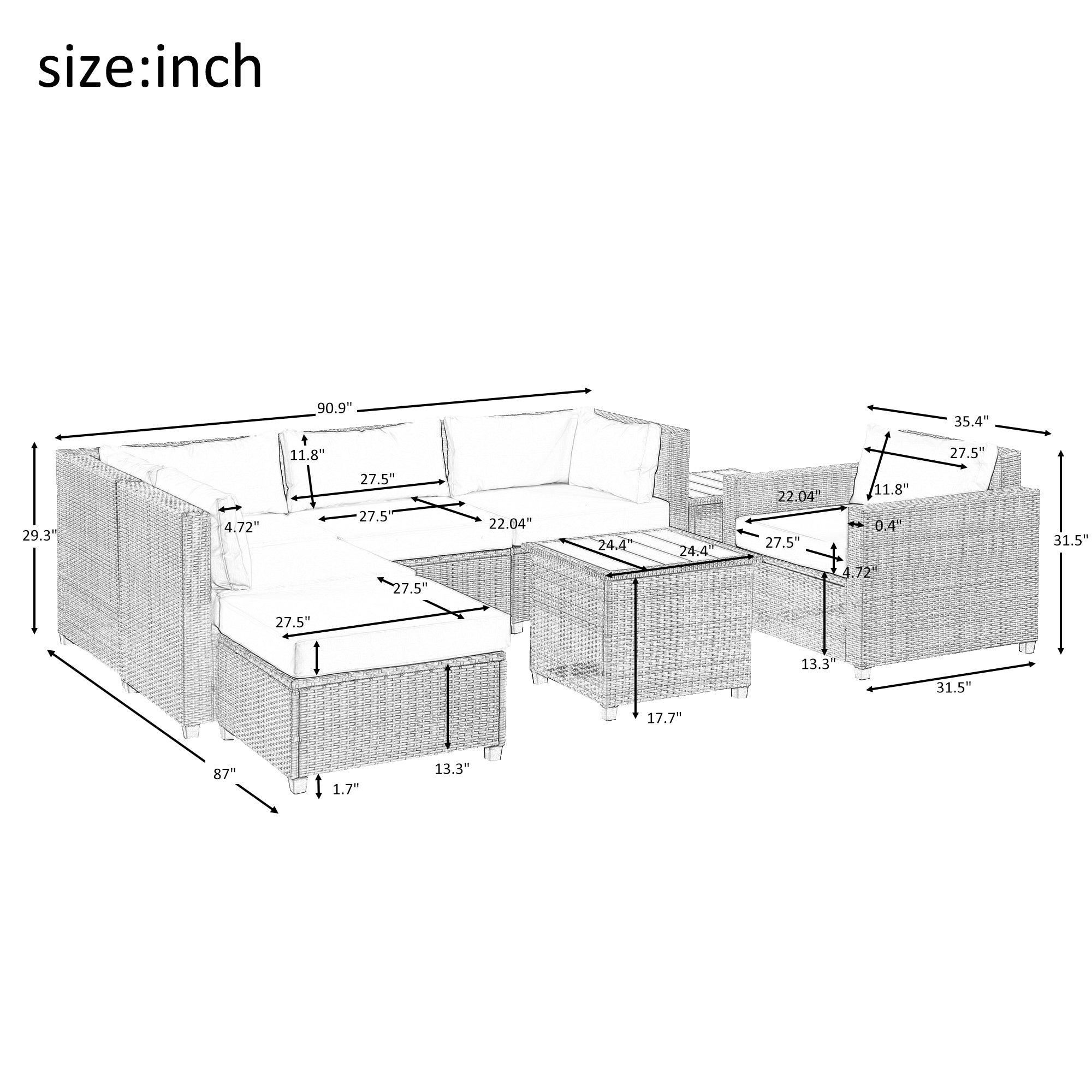 U_Style 8 Piece Rattan Sectional Seating Group with Cushions, Patio Furniture Sets, Outdoor Wicker Sectional - Atlantic Fine Furniture Inc