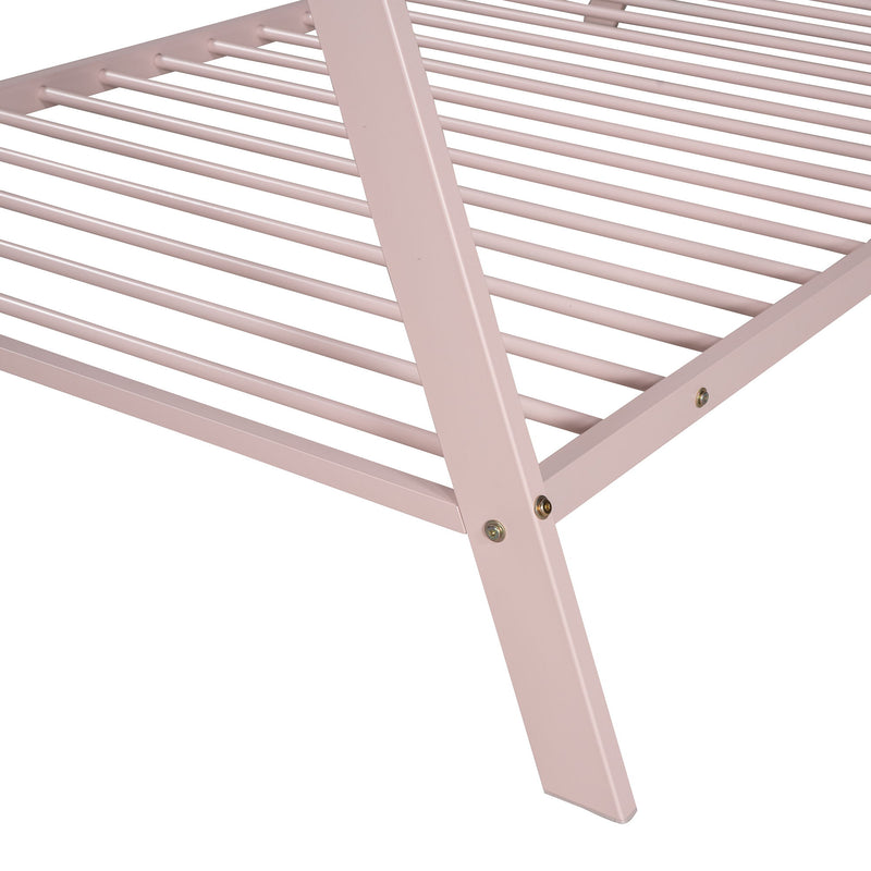 House Bed Tent Bed Frame Twin Size Metal Floor Play House Bed With Slat For Kids Girls Boys, No Box Spring Needed Pink