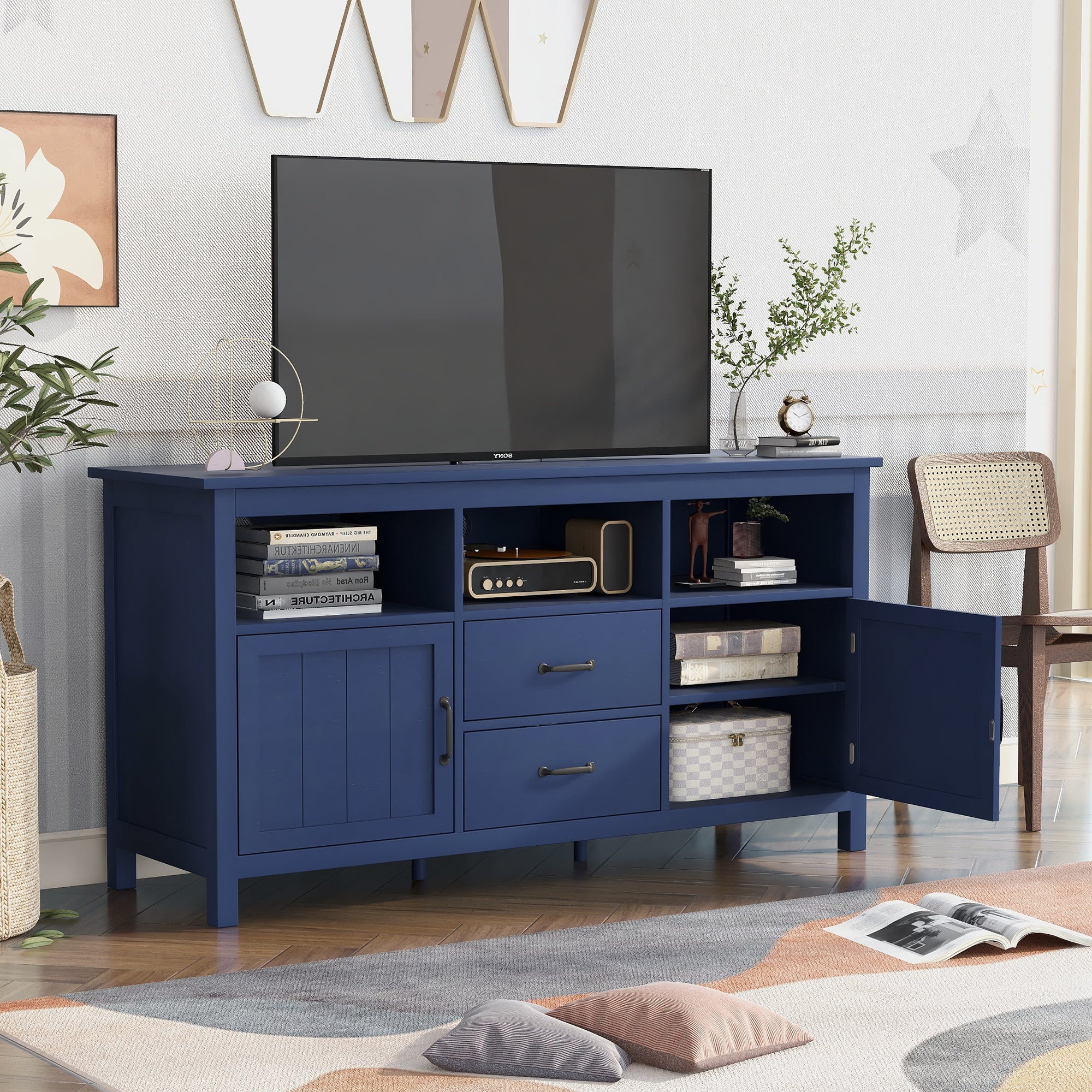 U-Can TV Stand for TV up to 68 in with 2 Doors and 2 Drawers Open Style Cabinet, Sideboard for Living room, Navy - Atlantic Fine Furniture Inc