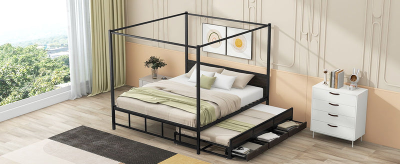 Queen Size Metal Canopy Platform Bed With Twin Size Trundle And 3 Storage Drawers, Black