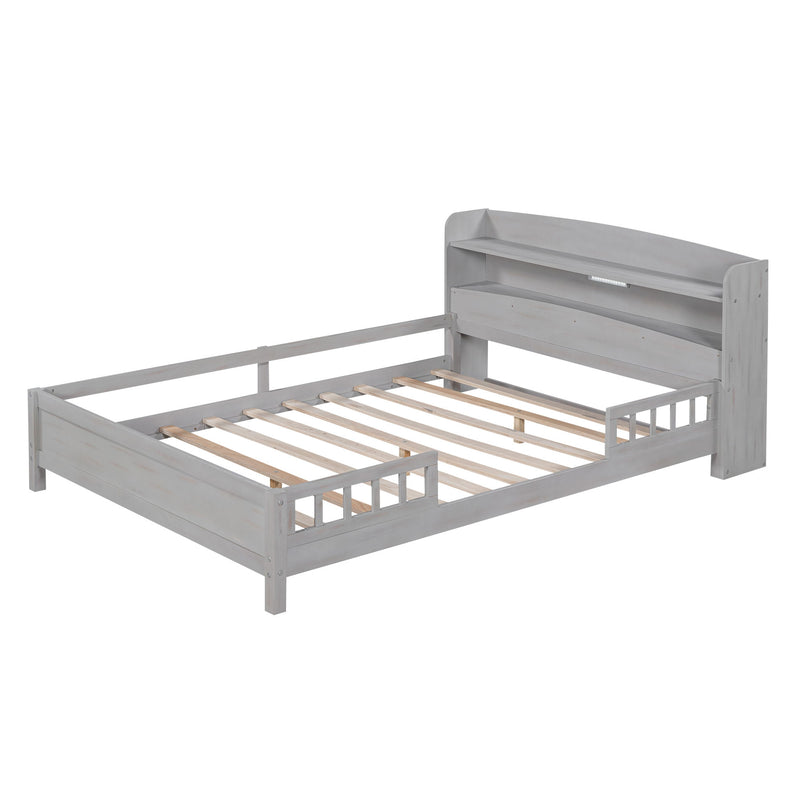 Wood Full Size Platform Bed With Built-In Led Light, Storage Headboard And Guardrail, Antique Gray