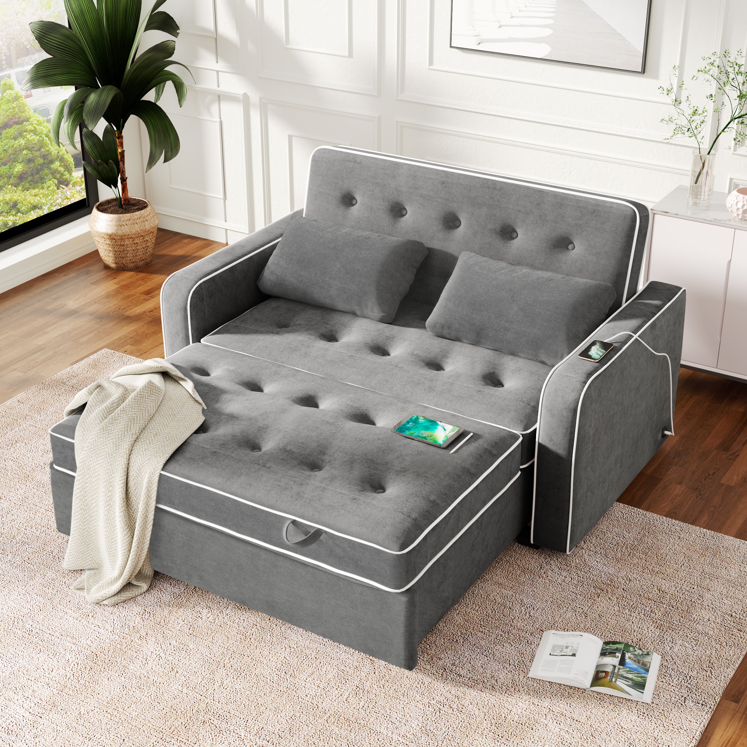 Linen Upholstered Sleeper Bed , Pull Out Sofa Bed Couch attached two throw pillows,Dual USB Charging Port and Adjustable Backrest for Living Room Space,Gray - Atlantic Fine Furniture Inc