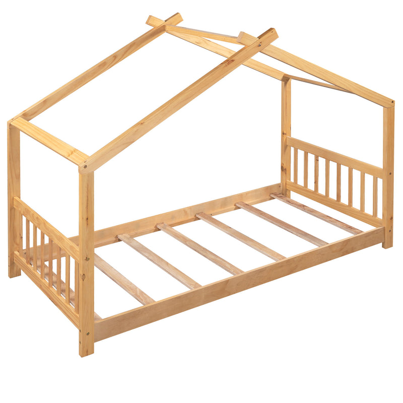 Twin Size House Platform Bed With Headboard And Footboard, Roof Design, Natural