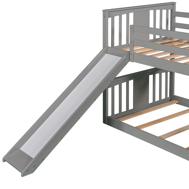 Twin Over Twin Bunk Bed With Slide And Ladder In Gray
