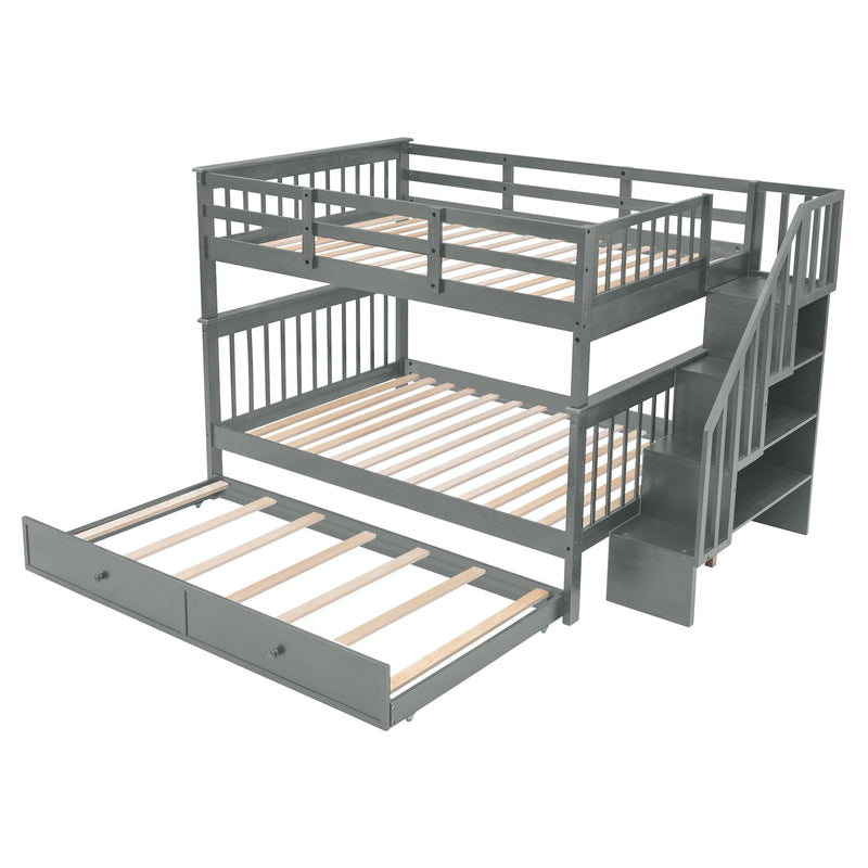 Stairway Full-Over-Full Bunk Bed With Twin Size Trundle, Storage And Guard Rail For Bedroom, Dorm - Gray