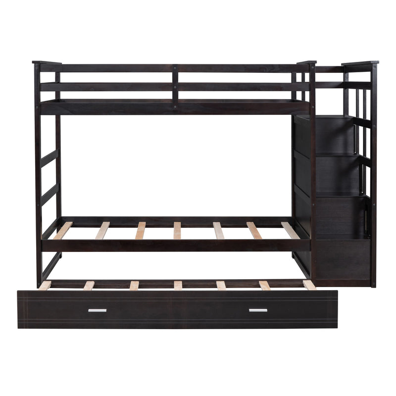 Twin Over Twin Bunk Bed With Trundle And Staircase, Espresso