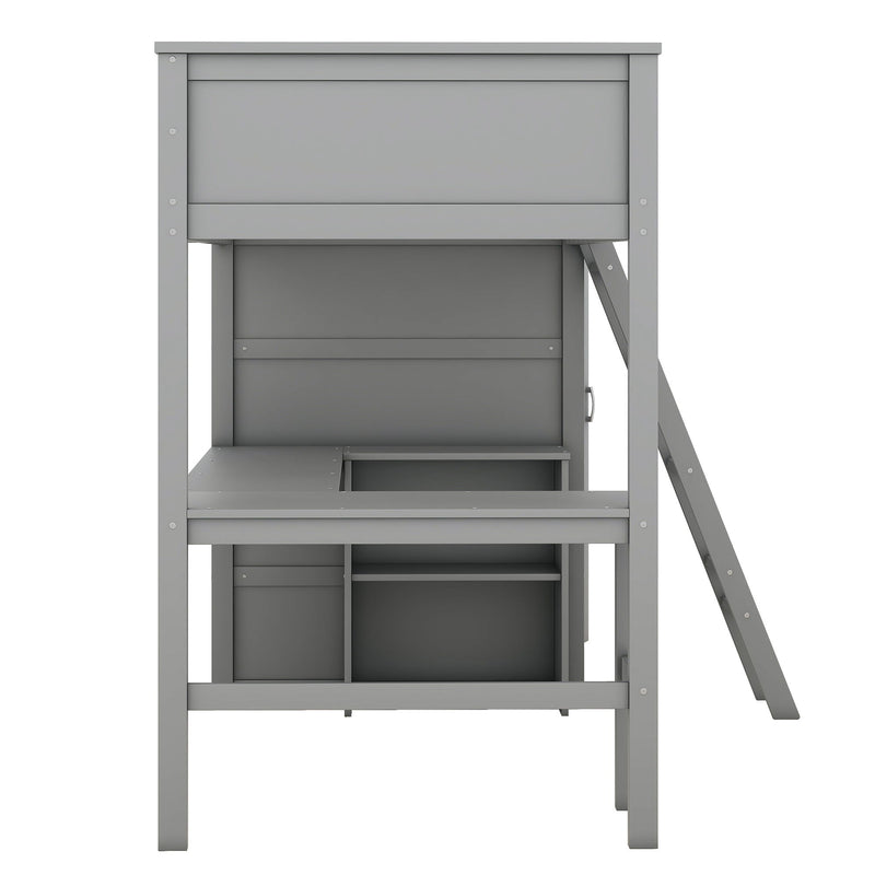 Twin Size Loft Bed With Desk, Shelves And Wardrobe - Gray