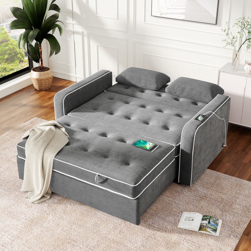 Linen Upholstered Sleeper Bed , Pull Out Sofa Bed Couch attached two throw pillows,Dual USB Charging Port and Adjustable Backrest for Living Room Space,Gray