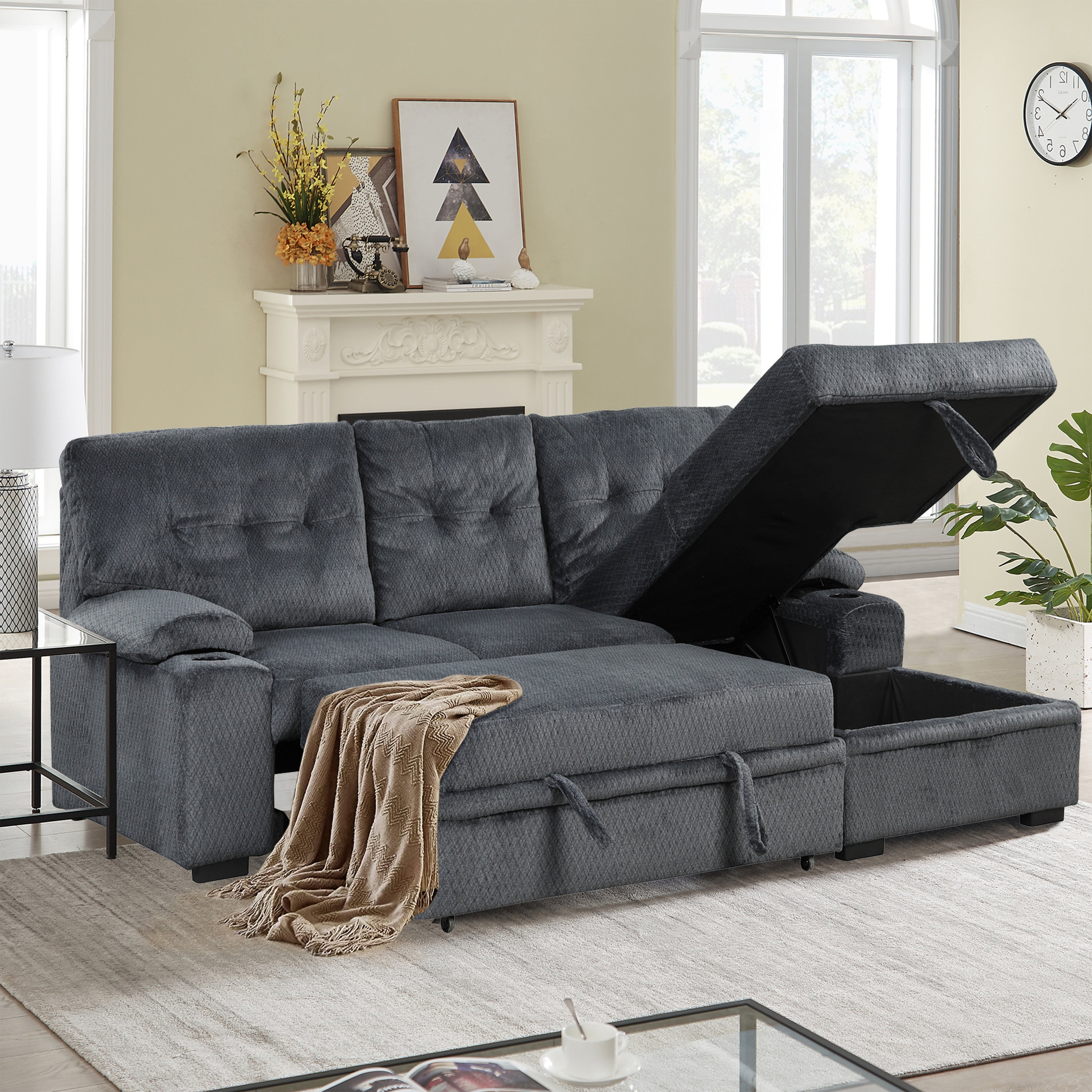Orisfur. Modern Padded Upholstered  Sofa Bed Sleeper Sectional Sofa with Storage Chaise and Cup Holder for Living Room Furniture Set - Atlantic Fine Furniture Inc