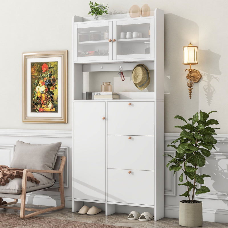 On-Trend Modernist Shoe Cabinet With Open Storage Space, Practical Hall Tree With 3 Flip Drawers, Multi-Functional & Integrated Foyer Cabinet With Tempered Glass Doors For Hallway, White