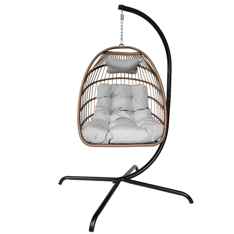 Swing Egg Chair with Stand Indoor Outdoor Wicker Rattan Patio Basket Hanging Chair with C Type bracket , with cushion and pillow,Patio Wicker folding Hanging Chair - Atlantic Fine Furniture Inc