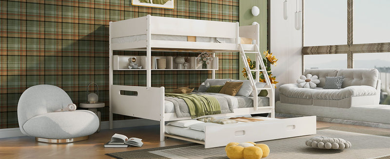 Wood Twin Over Full Bunk Bed With Storage Shelves And Twin Size Trundle, Cream