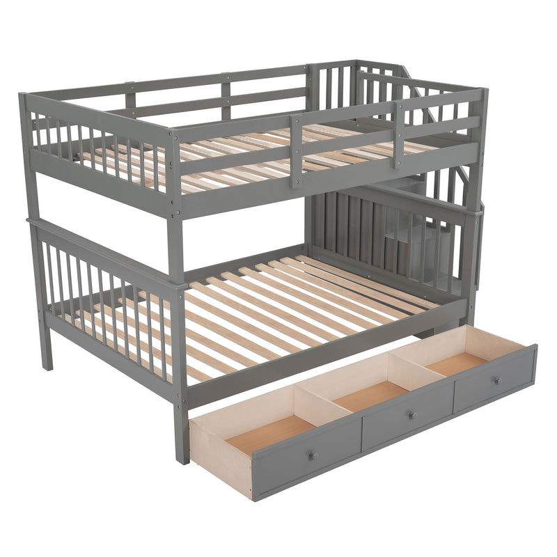 Stairway Full Over Full Bunk Bed With Drawer, Storage And Guard Rail For Bedroom, Gray Color