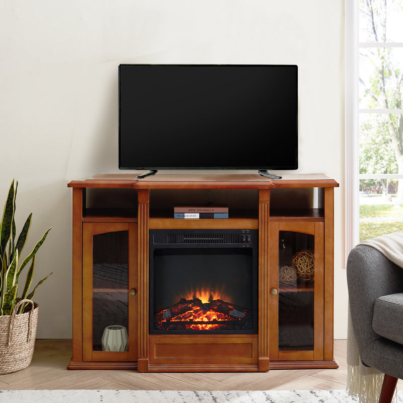 Modern Electric Fireplace TV Stand, Fit up to 55" Flat Screen TV with Two Tempered Glass Storage Cabinet and Adjustable Shelves Wood Veneer TV Console for Living Room, Cherry