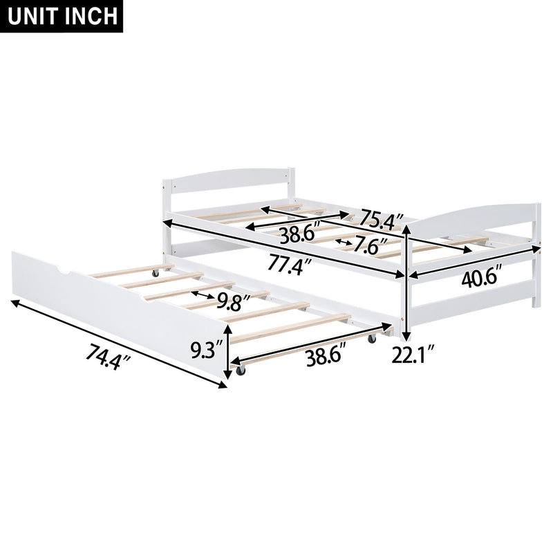 Twin Size Platform Bed With Twin Size Trundle, White