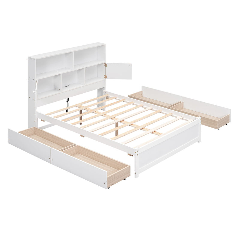 Full Size Platform Bed With Storage Headboard, Charging Station And 4 Drawers, White
