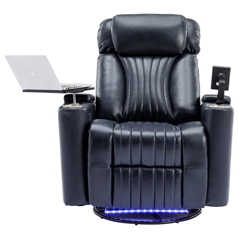 270° Power Swivel Recliner, Home Theater Seating With Hidden Arm Storage And Led Light Strip, Cup Holder, 360° Swivel Tray Table, And Cell Phone Holder, Soft Living Room Chair, Blue