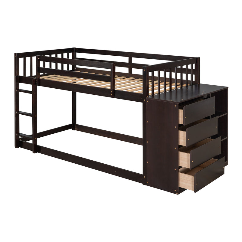 Twin Over Twin Bunk Bed With 4 Drawers And 3 Shelves - Espresso