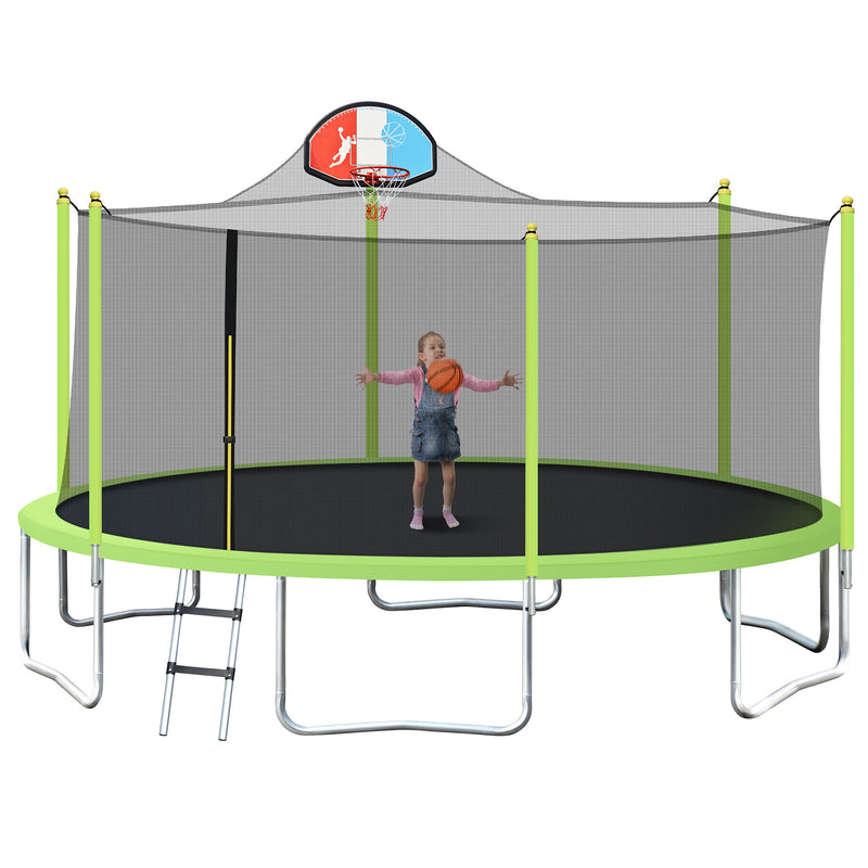 16FT Trampoline For Kids With Safety Enclosure Net - Basketball Hoop And Ladder - Easy Assembly Round Outdoor Recreational Trampoline