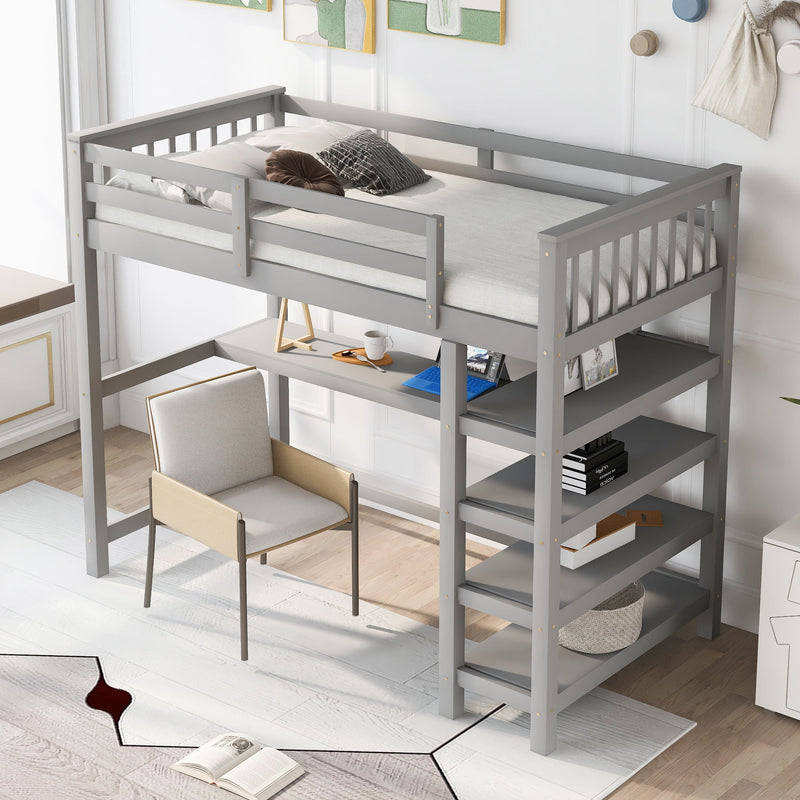 Twin Size Loft Bed With Storage Shelves And Under - Bed Desk, Gray