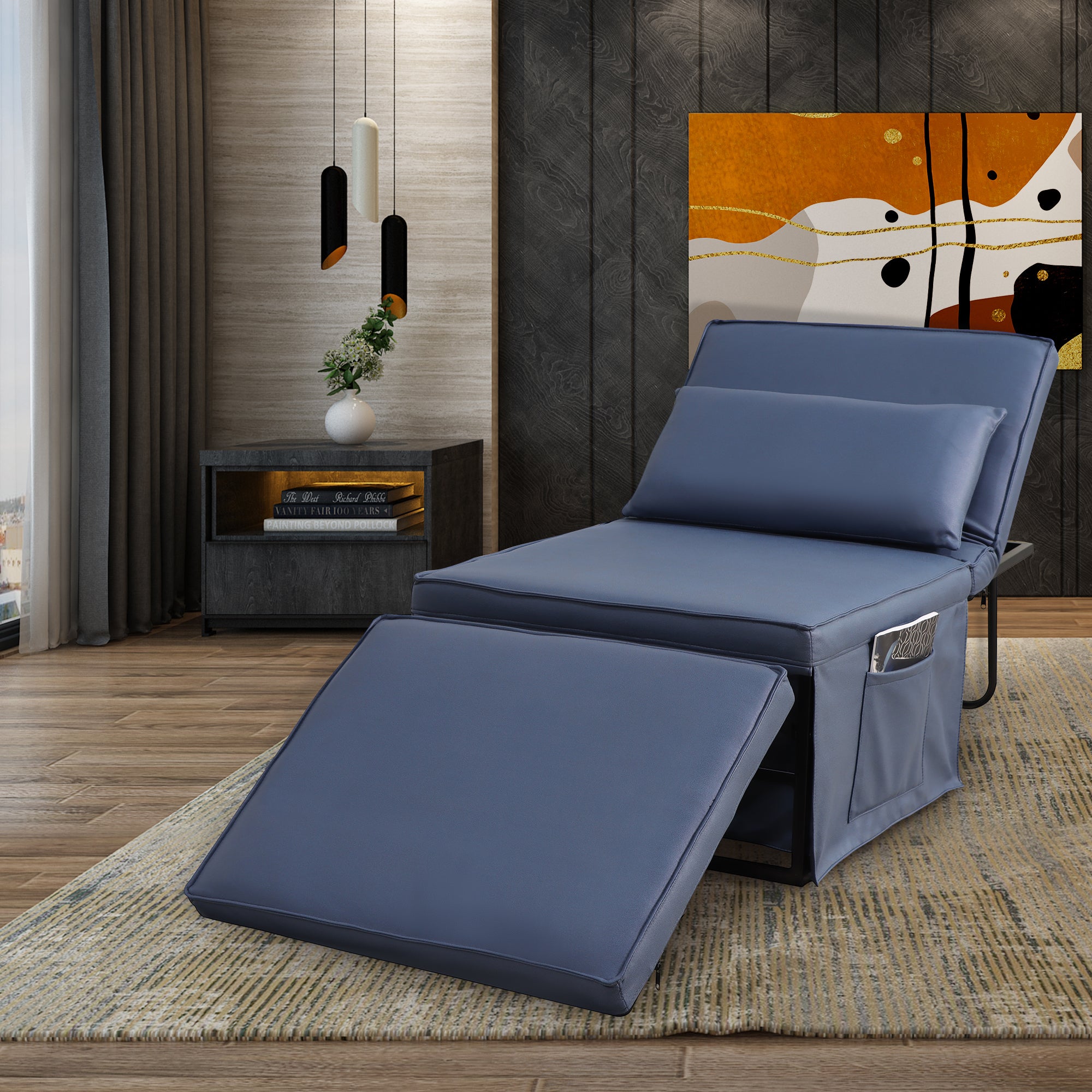 Sofa Bed 4 in 1 Ottoman Sleeper Bed Convertible Chair Bed with Adjustable Back Breathable Sleeper Guest Bed for Small Room, Blue - Atlantic Fine Furniture Inc