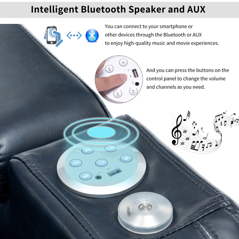 Power Recliner Individual Seat Home Theater Recliner With Cooling Cup Holder, Bluetooth Speaker, LED Lights, USB Ports, Tray Table, Arm Storage For Living Room, Blue