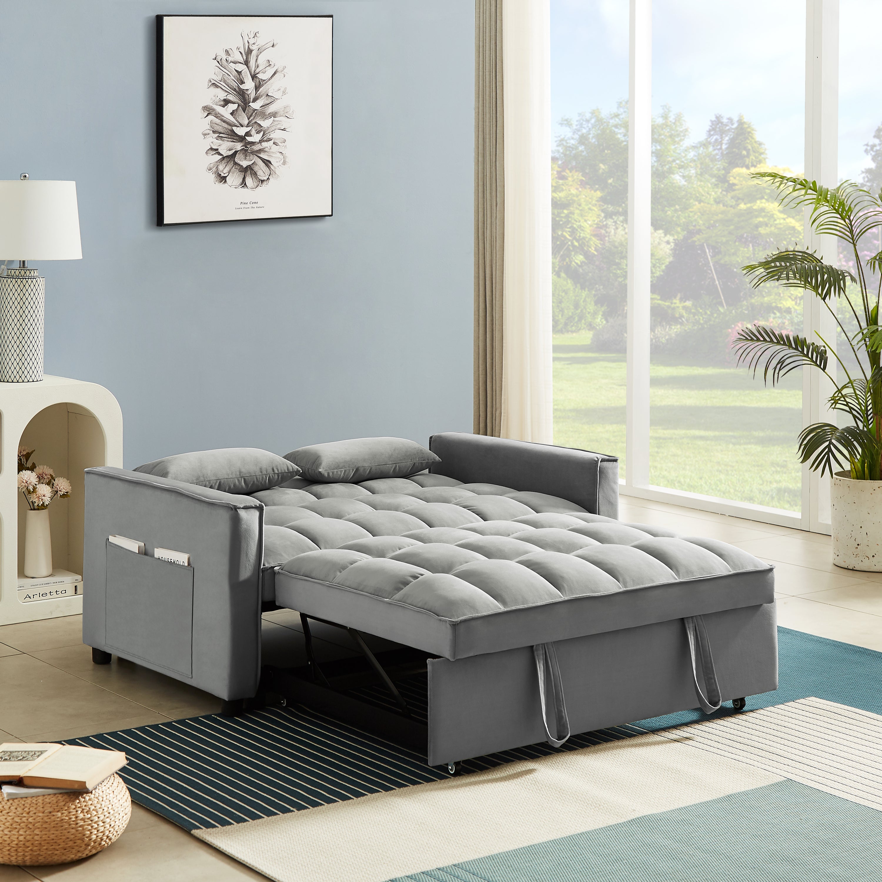 Modern Velvet Convertible Loveseat Sleeper Sofa Couch with Adjustable Backrest, 2 Seater Sofa With Pull-Out Bed with 2 Lumbar Pillows For Small Living Room & Apartment - Atlantic Fine Furniture Inc