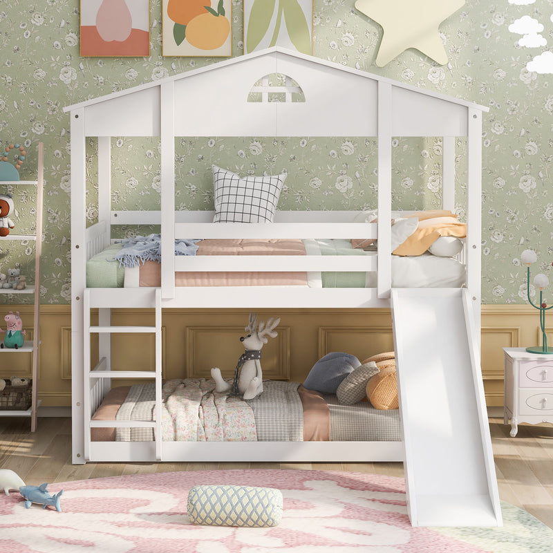 Twin Over Twin House Bunk Bed With Convertible Slide And Ladder, Converts Into 2 Separate Platform Beds - White