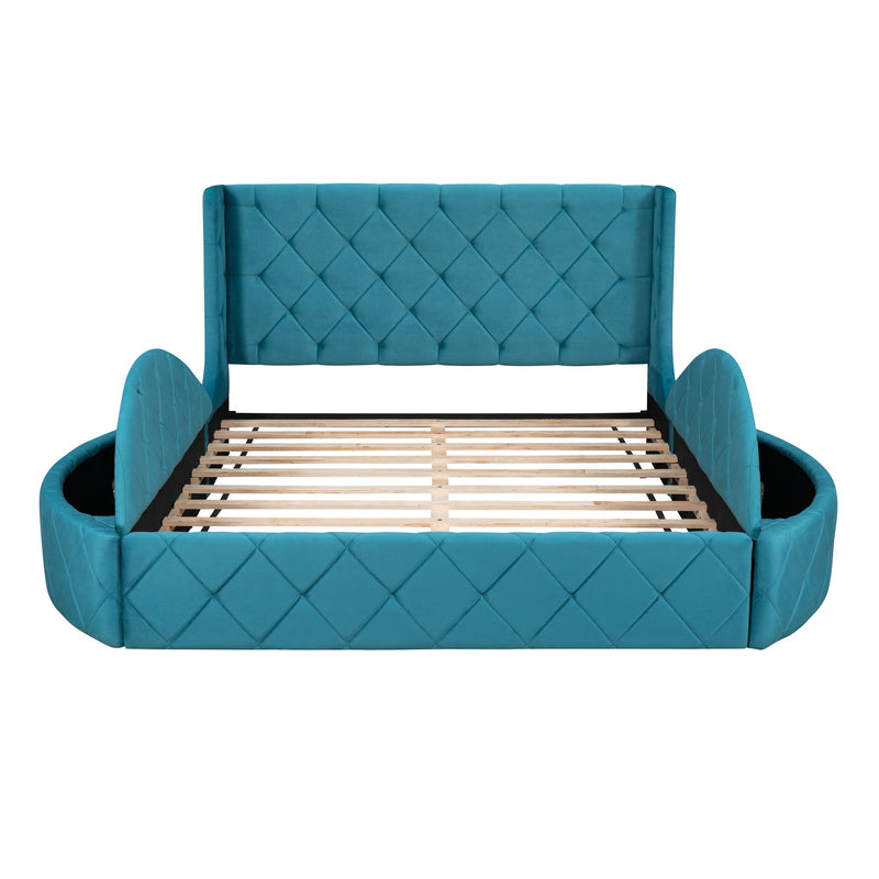 Upholstered Platform Bed Queen Size Storage Velvet Bed With Wingback Headboard And 1 Big Drawer, 2 Side Storage Stool (Blue)