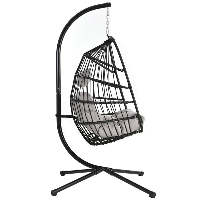 TOPMAX Patio Foldable Swing Chair Porch PE Wicker Egg Hanging Chair Hammock Chair w/Stand and Cushion for Outdoor Balcony Indoor Bedroom, Gray - Atlantic Fine Furniture Inc