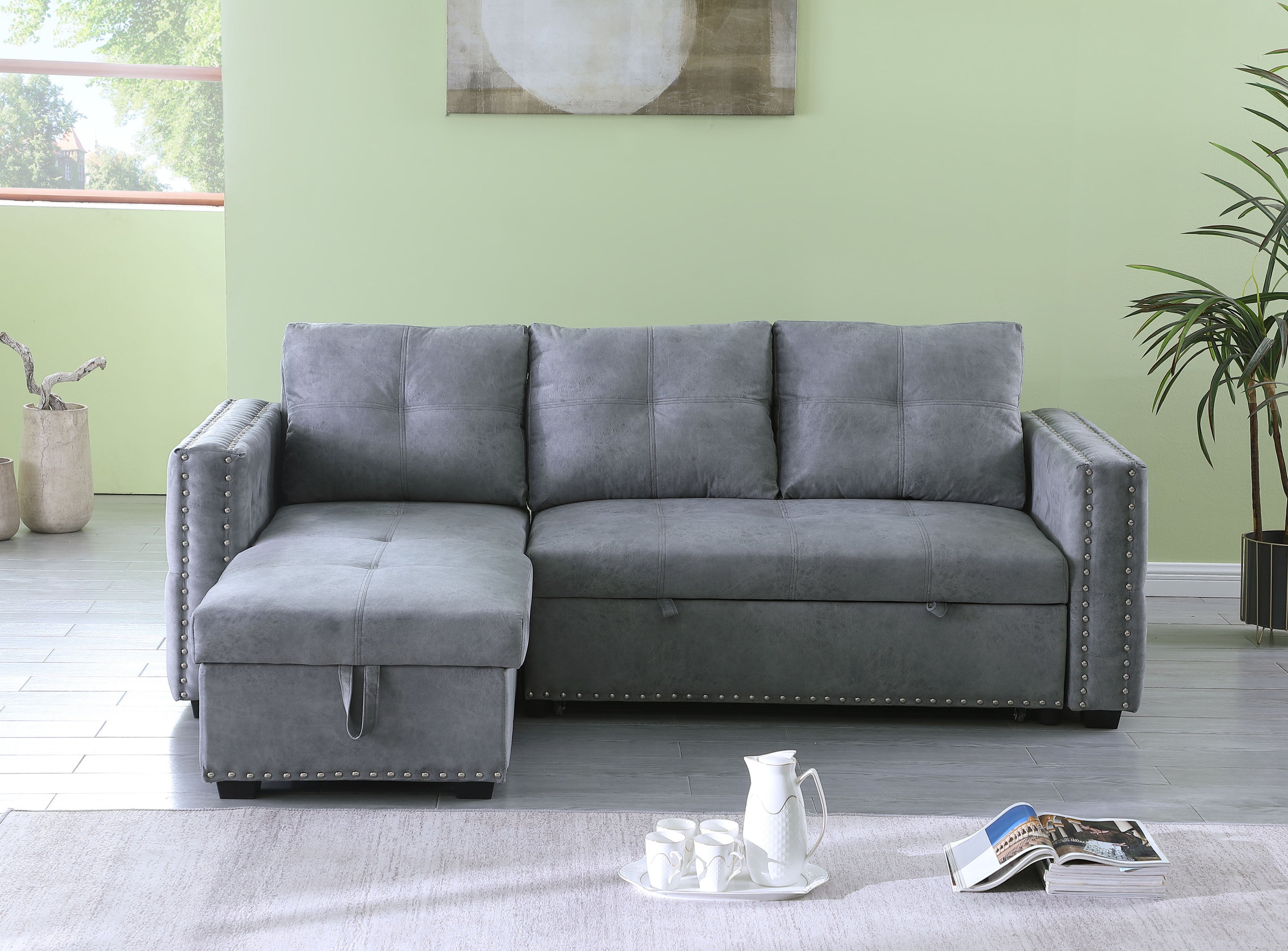 Reversible Sleeper Sectional Storage Sofa Bed,Corner Sofa-Bed With Storage,3 Seat Both Left Handed And Right Handed,Nailheaded - Atlantic Fine Furniture Inc