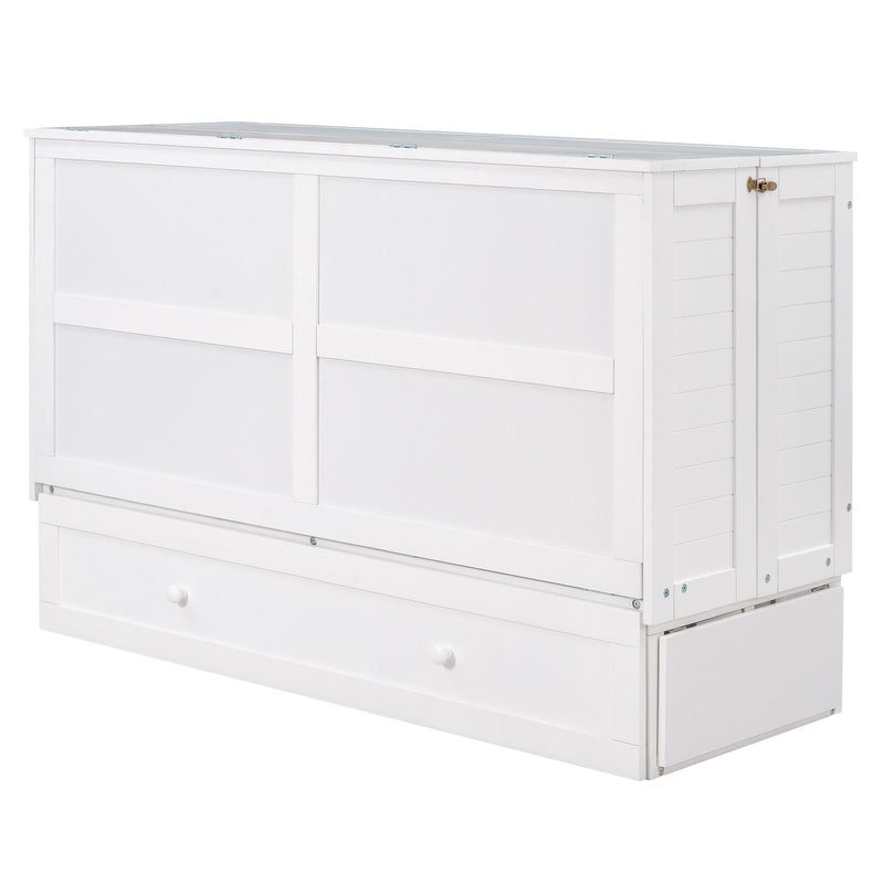 Queen Size Mobile Murphy Bed With Drawer And Little Shelves On Each Side - White