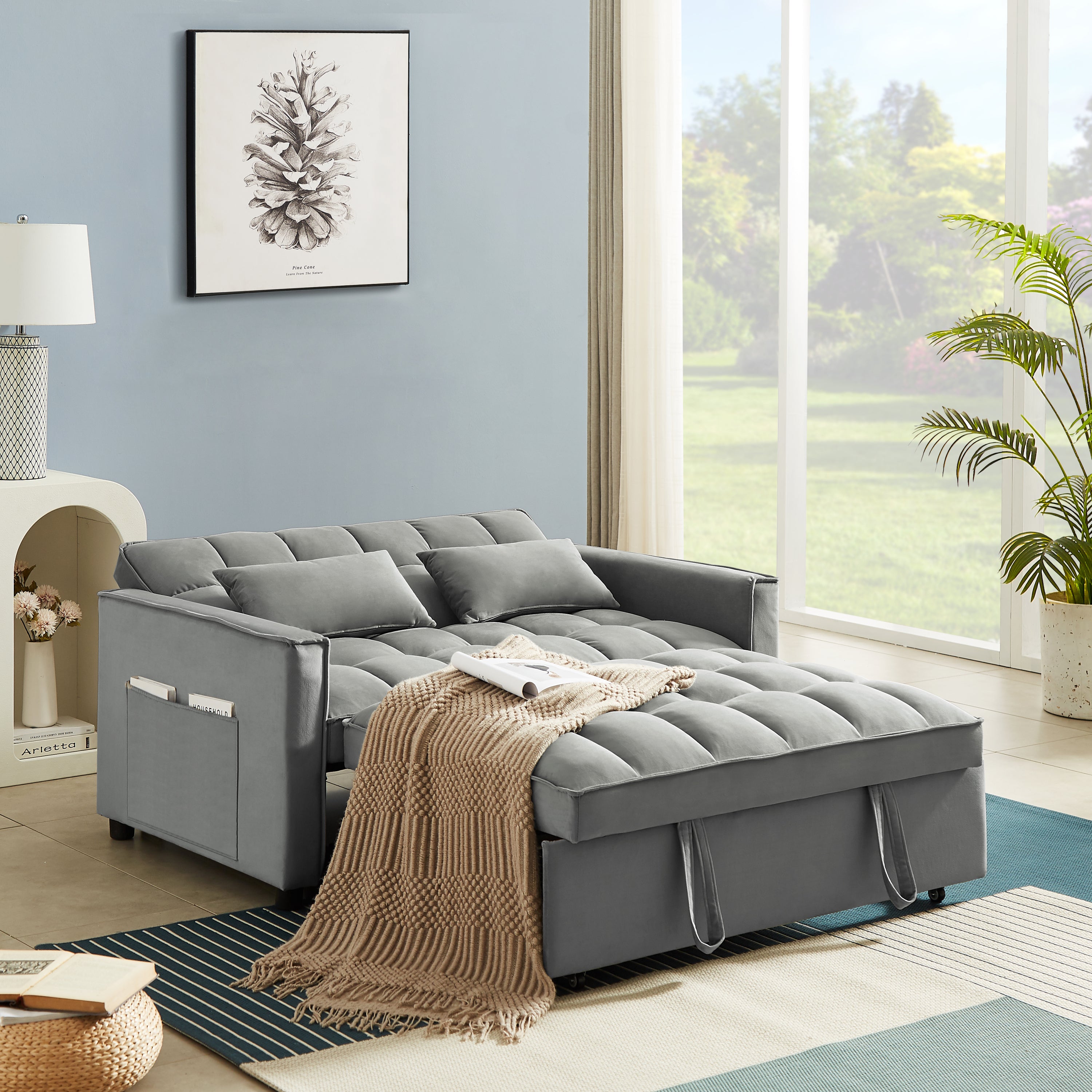 Modern Velvet Convertible Loveseat Sleeper Sofa Couch with Adjustable Backrest, 2 Seater Sofa With Pull-Out Bed with 2 Lumbar Pillows For Small Living Room & Apartment - Atlantic Fine Furniture Inc