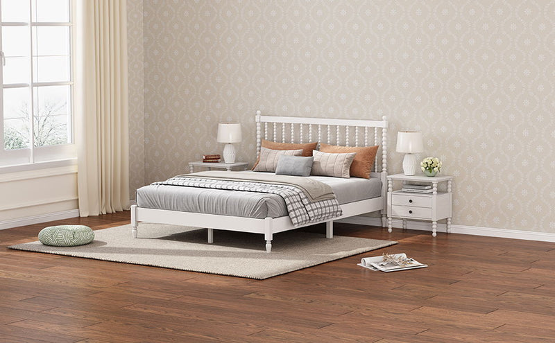 3 Pieces Bedroom Sets Queen Size Wood Platform Bed With Gourd Shaped Headboard, Antique White