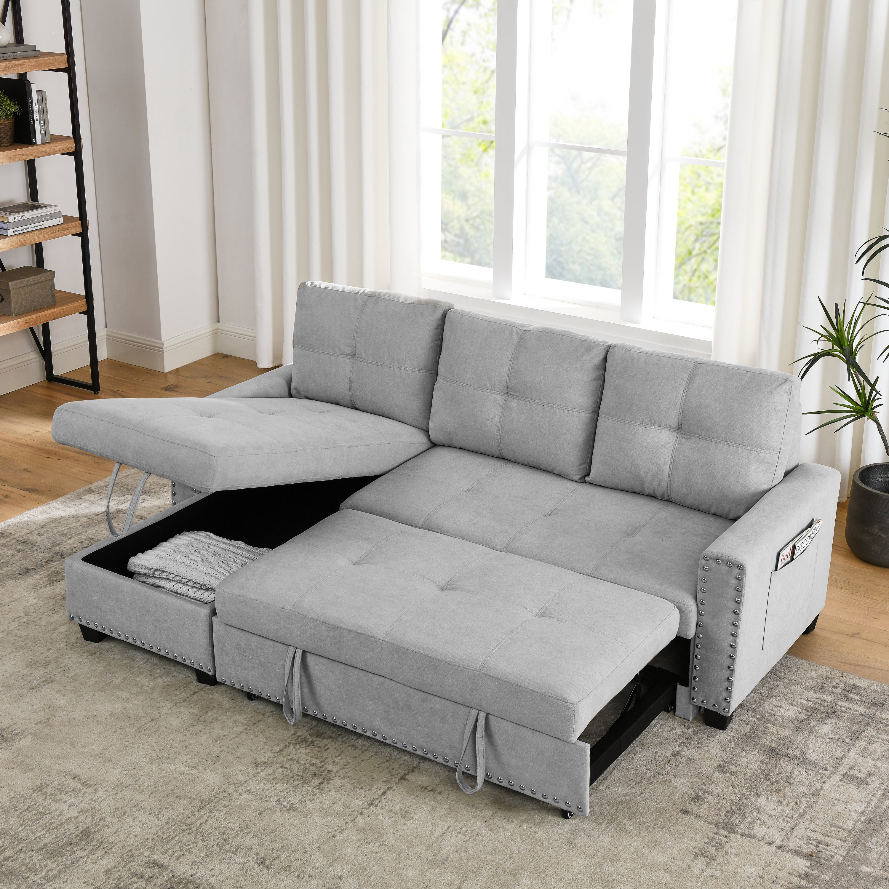 [Video] MH 82" Sleeper Sofa Bed Reversible Sectional Couch with Storage Chaise and Side storage bag for Living Room Furniture Set, silver rivets on both hands - Atlantic Fine Furniture Inc