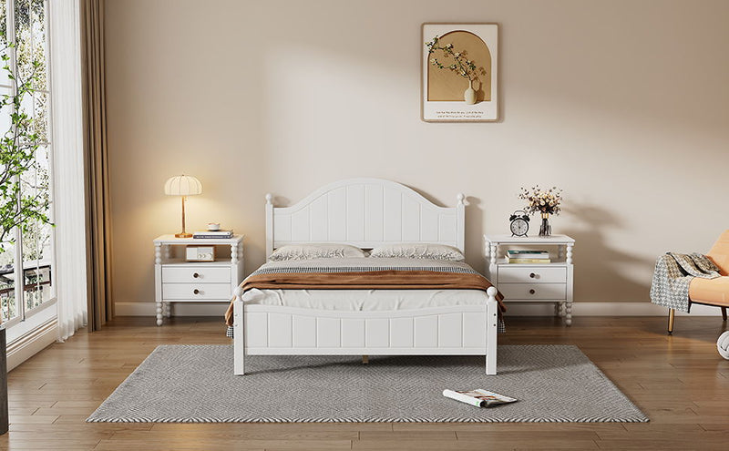 3 Pieces Bedroom Sets Traditional Concise Style White Solid Wood Platform Bed With 2 Nightstands, No Need Box Spring, Queen