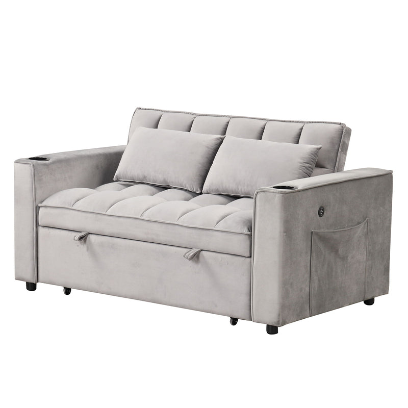 55.3" 4-1 Multi-Functional Sofa Bed With Cup Holder And Usb Port For Living Room Or Apartments, Gray