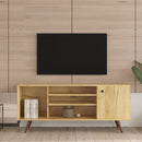 Mid-Century TV Stand for TVs up to 60 Inches, Entertainment Center with Open Storage Shelves & Cabinet, Modern TV Console for Living Room, Rustic Oak. - Atlantic Fine Furniture Inc
