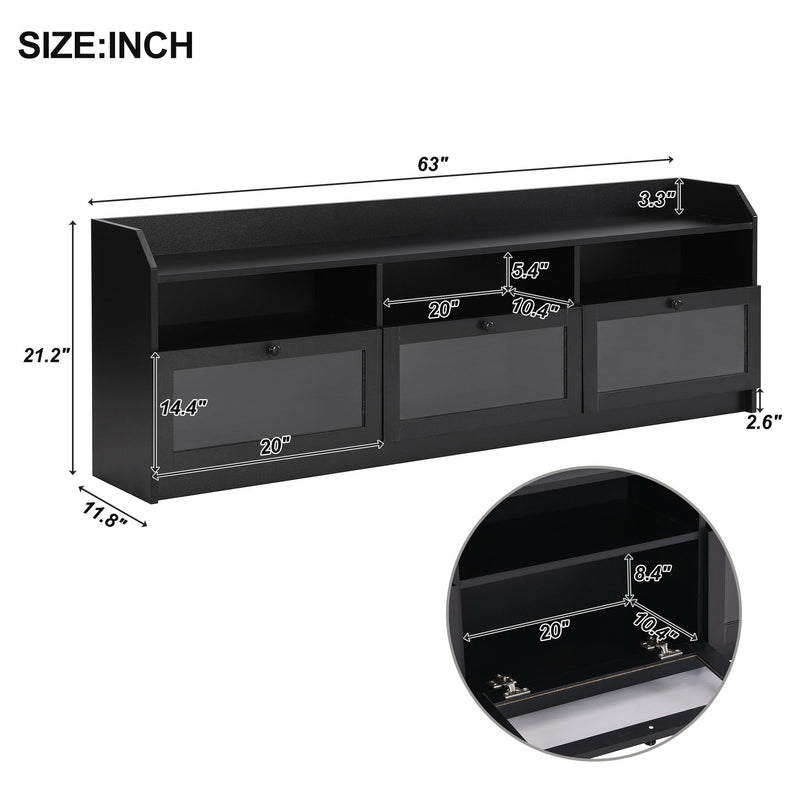 On-Trend Sleek & Modern Design TV Stand With Acrylic Board Door, Chic Elegant Media Console For Tvs Up To 65", Ample Storage Space TV Cabinet With Black Handles, Black
