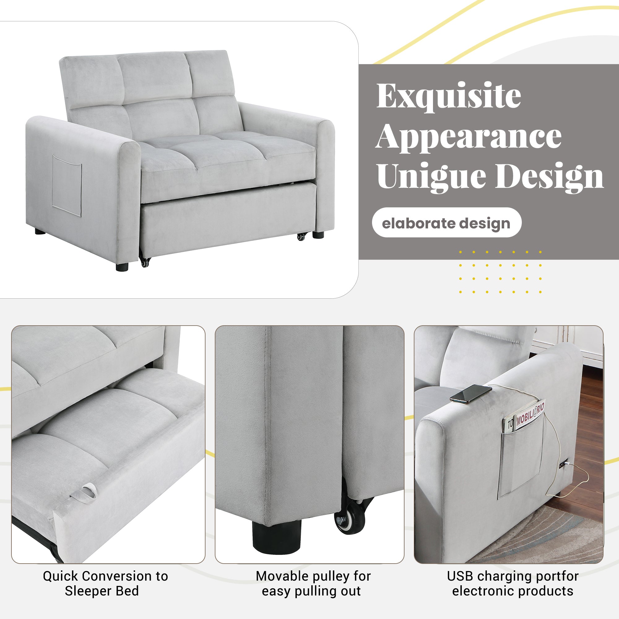Orisfur. 50" Convertible Sleeper Bed, Adjustable Oversized Armchair  with Dual USB Ports for Small Space - Atlantic Fine Furniture Inc